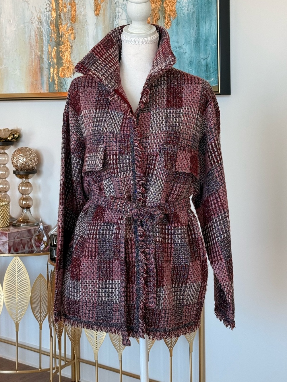 Womens Burgundy Plaid Belted Jacket